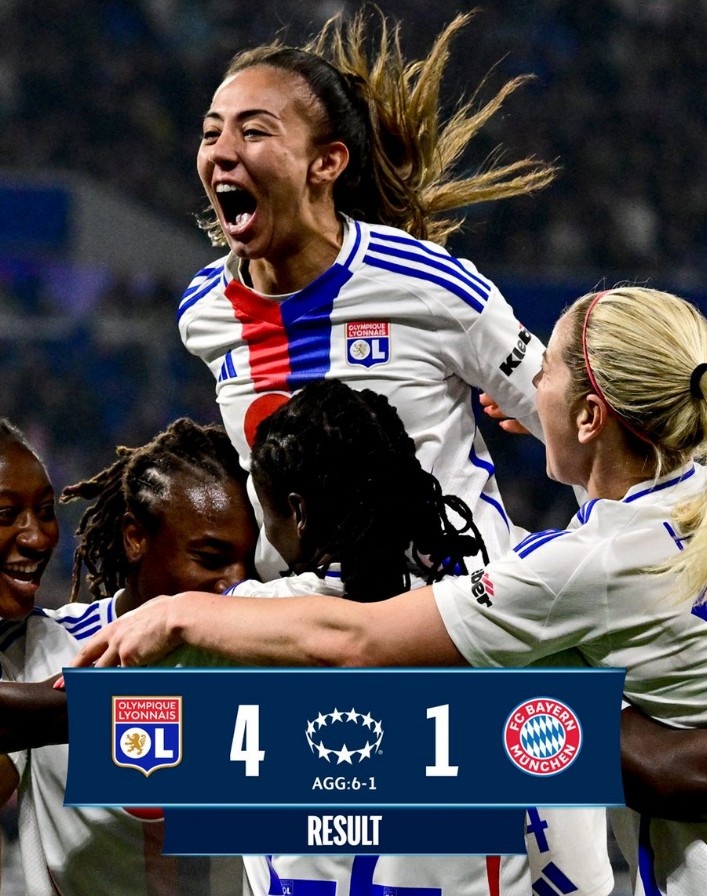 里昂女足4-1大勝拜仁女足，總比分6-1晉級女足歐冠半決賽