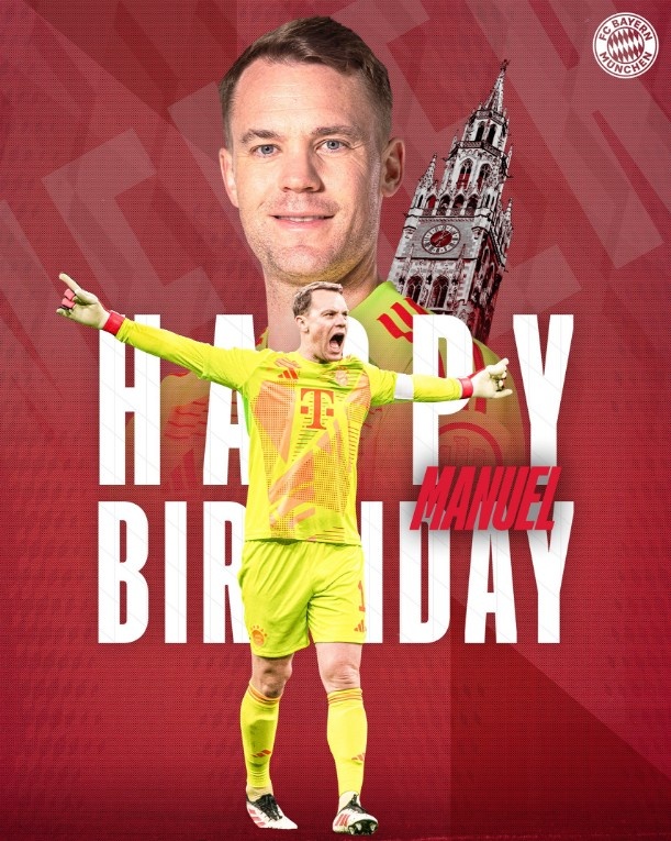 德國隊和拜仁為39歲諾伊爾慶生，他拿到過2次歐冠和1次世界杯