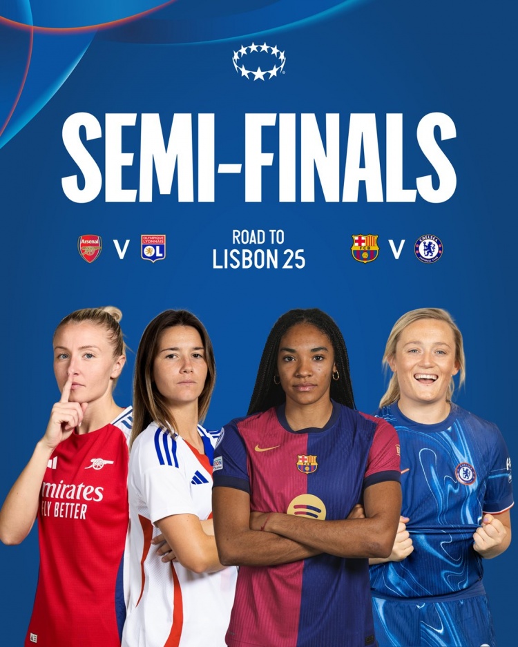 女足歐冠半決賽對(duì)陣：阿森納vs里昂，巴薩vs切爾西