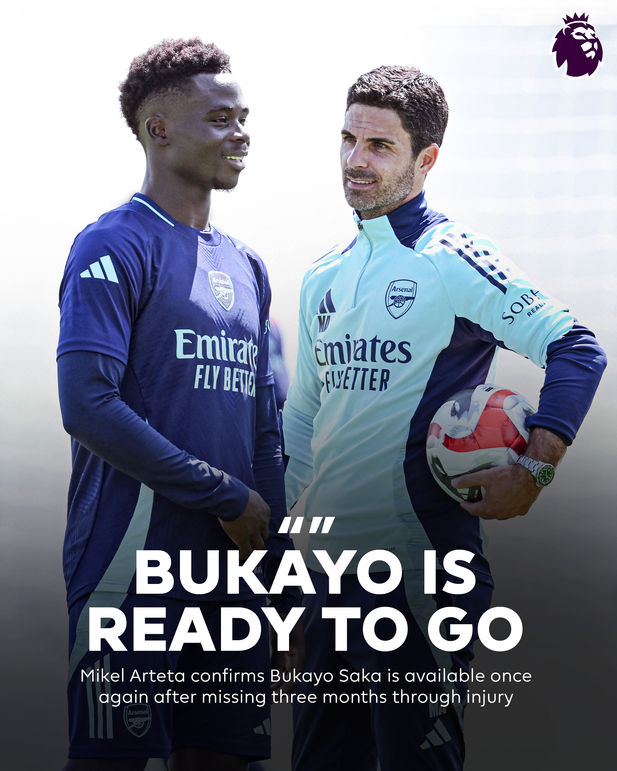 傷缺4個月！阿爾特塔：薩卡已經準備好復出了！他可以首發出場