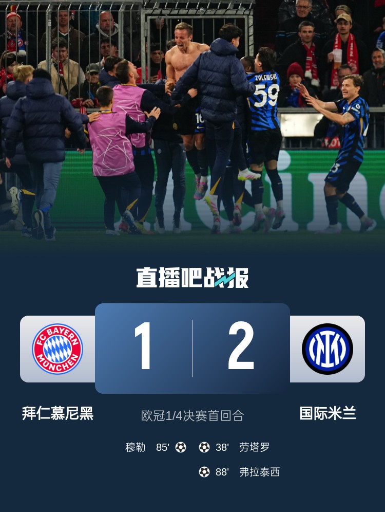2-1占得先機(jī)！國米送給拜仁4年來歐冠主場首敗